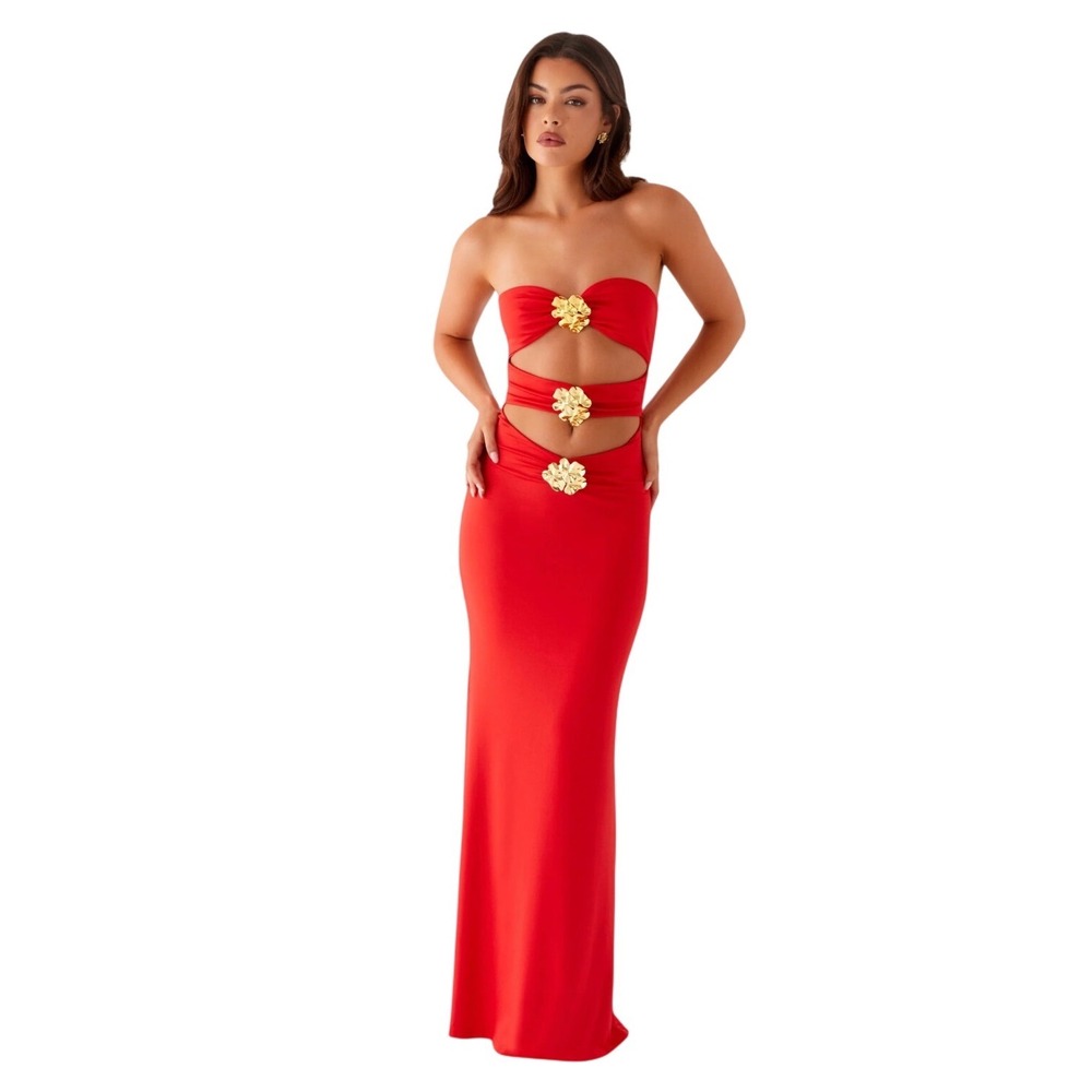 Peppermayo Raye Maxi Dress Tangerine Orange Gold Cutout Strapless Gown US 4 NWT